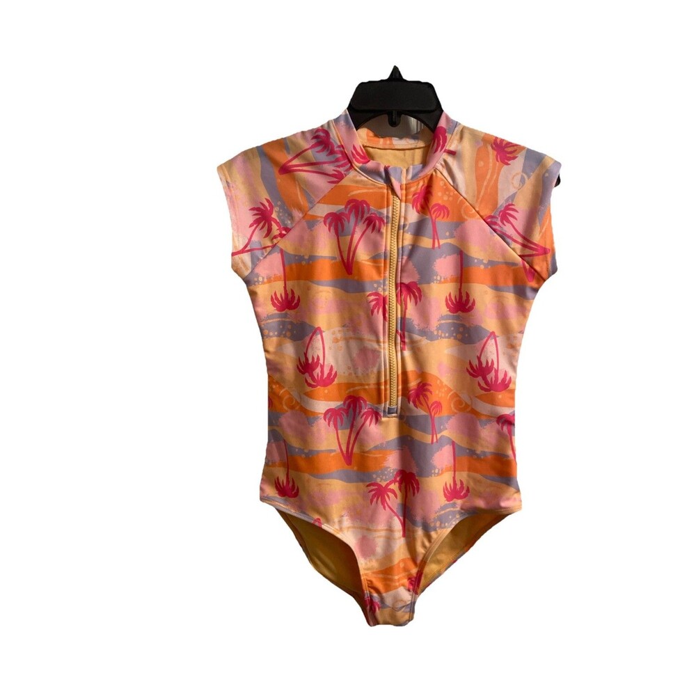 Wonder Nation Girls ZipUp Rashie 1PC Swimsuit Short Sleeves Coral Size 14/16 NWT